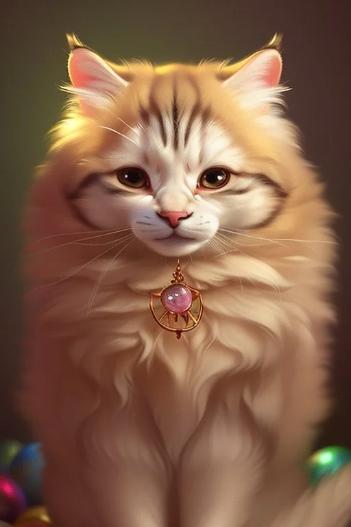 in the middle is A knitted cute adorable fluffy plushy smiling cat holding a basket of jewels and gems. His fur is realistic. The background is a romantic carpet bokeh digital painting extremely detailed studio lighting crisp quality and light reflections 8k cinematic lighting portrait photorealistic ultra detailed cinematic postprocessing focused