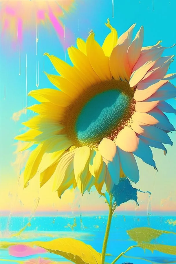 Morning, sunshine, light blue color, clear sky, bright sea, sunflower, pink, yellow, orange, green, rain