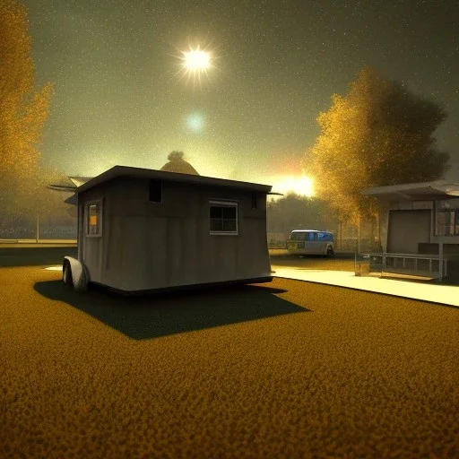 mobile-home-park-at-night, low angle shot from below, backlit, volumetric lighting