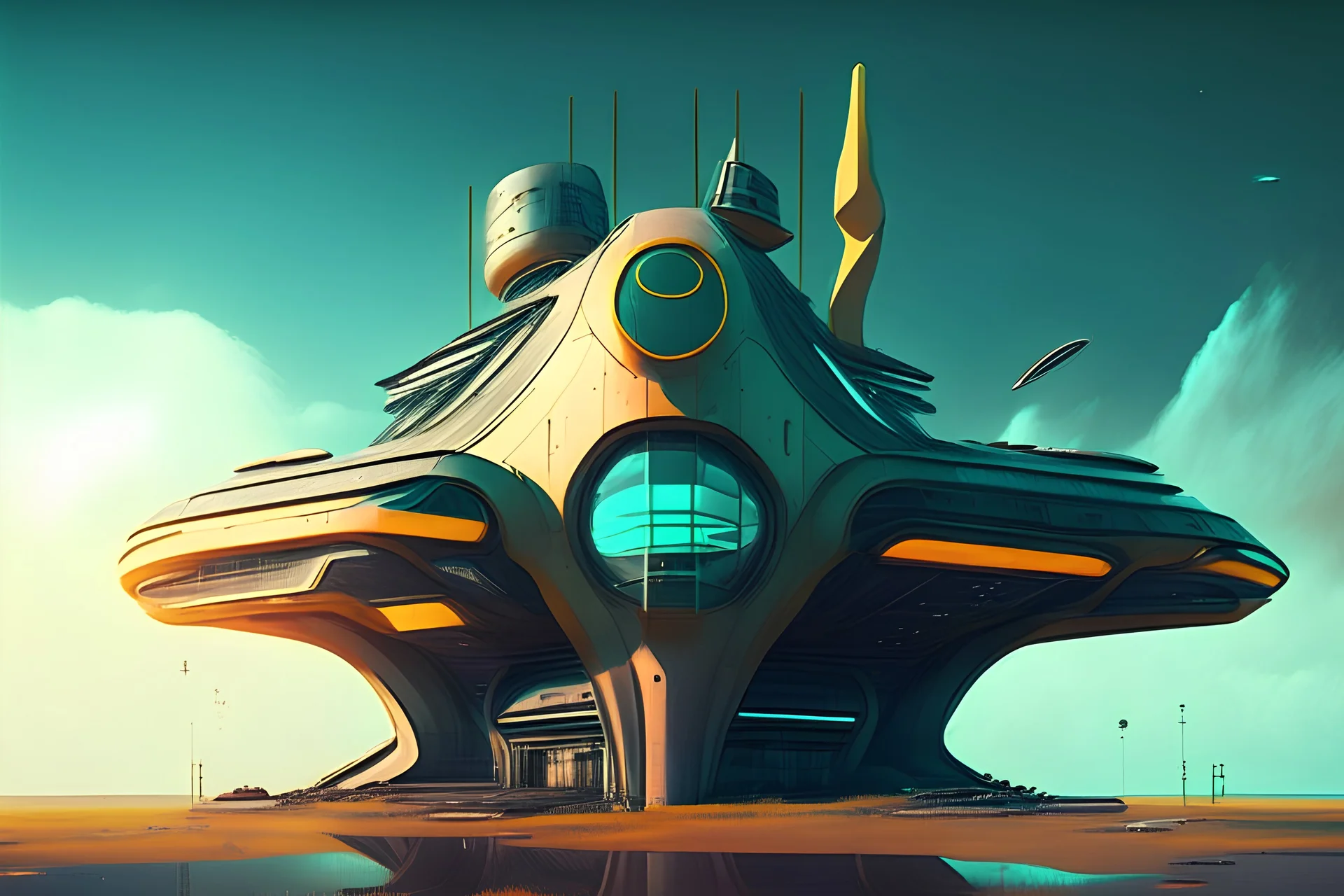 futuristic digital building, HUD, with funnel on top, solar punk