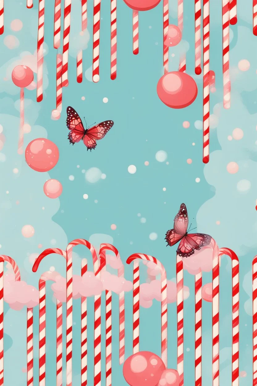 Butterflies and bubbles flying through a candy cane forest