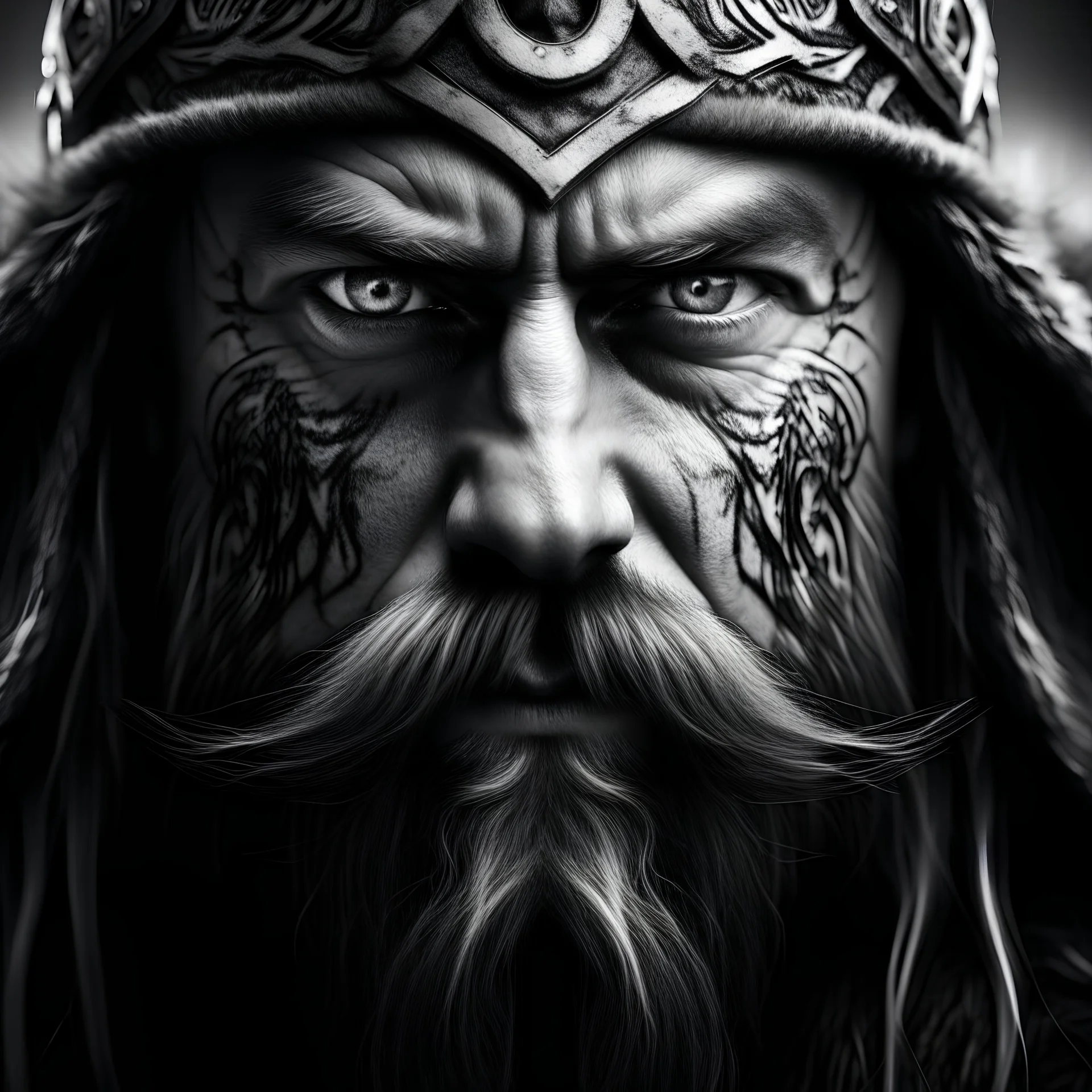 black and white album art of Odin with a blue eye, looking over midgard