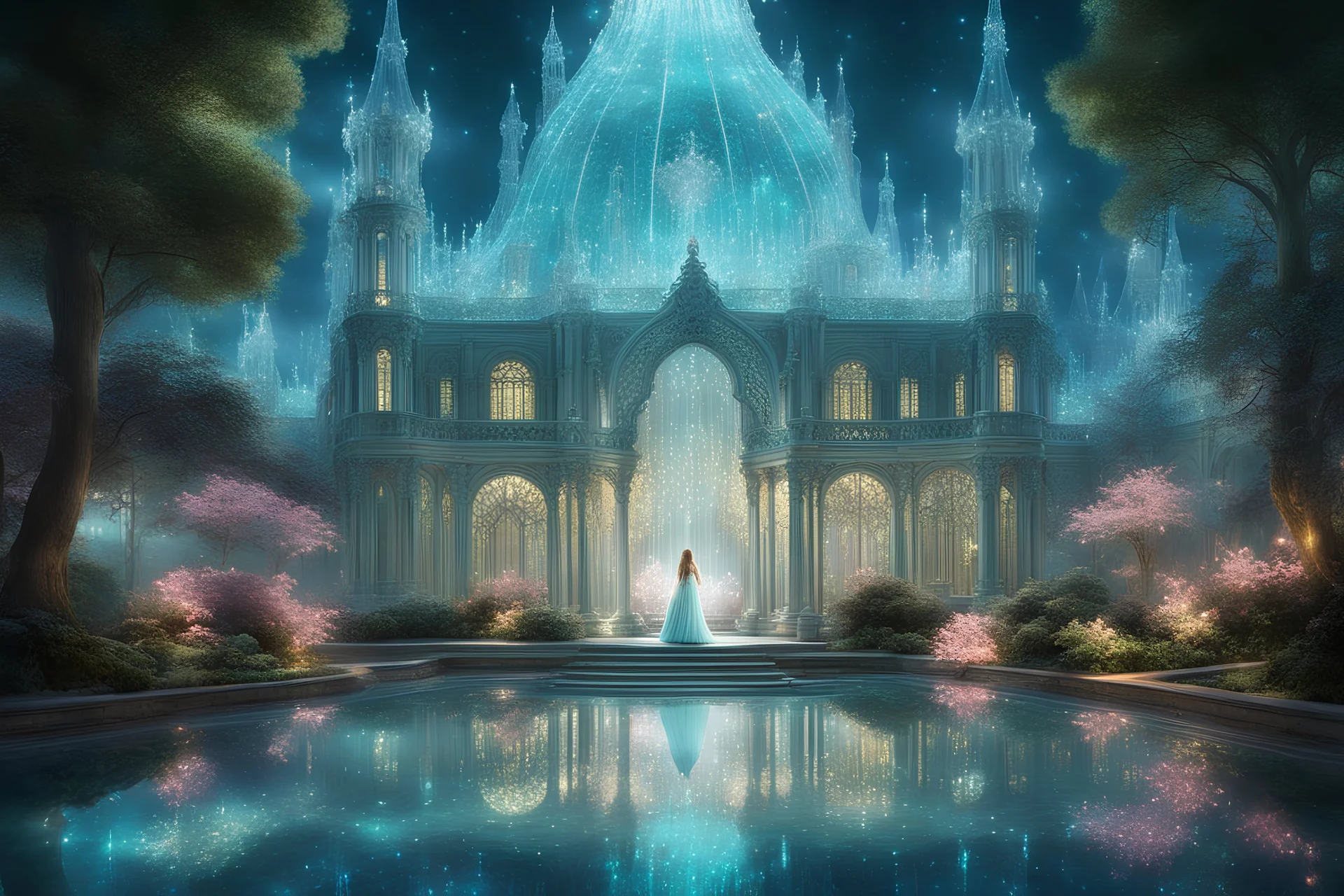 Dans une ambiance pure, transparente, un palais de cristal éclairé par de nombreuses lumières, au milieu d'un jardin. il y a des cristaux, des perles de lumière, des jets d'eau, des bassins d eau turquoise et des jeunes femmes vues uniquement de dos, aux long cheveux dans des robes longues, légères dansent avec grâce. Au loin des arbres aux en fleurs. une ambiance féerique, chatoyante, colorée , délicate, lumineuse.Douceur et de bienveillance. Image de haute définition, beaucoup de dátails