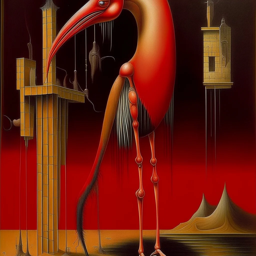 sepsis metaphoric image with very long legs, failing the biomorphic Ibis inquisition, surreal, sinister, profound, dramatic, oil painting, fantastical, by Ray Johnson and Max Ernst