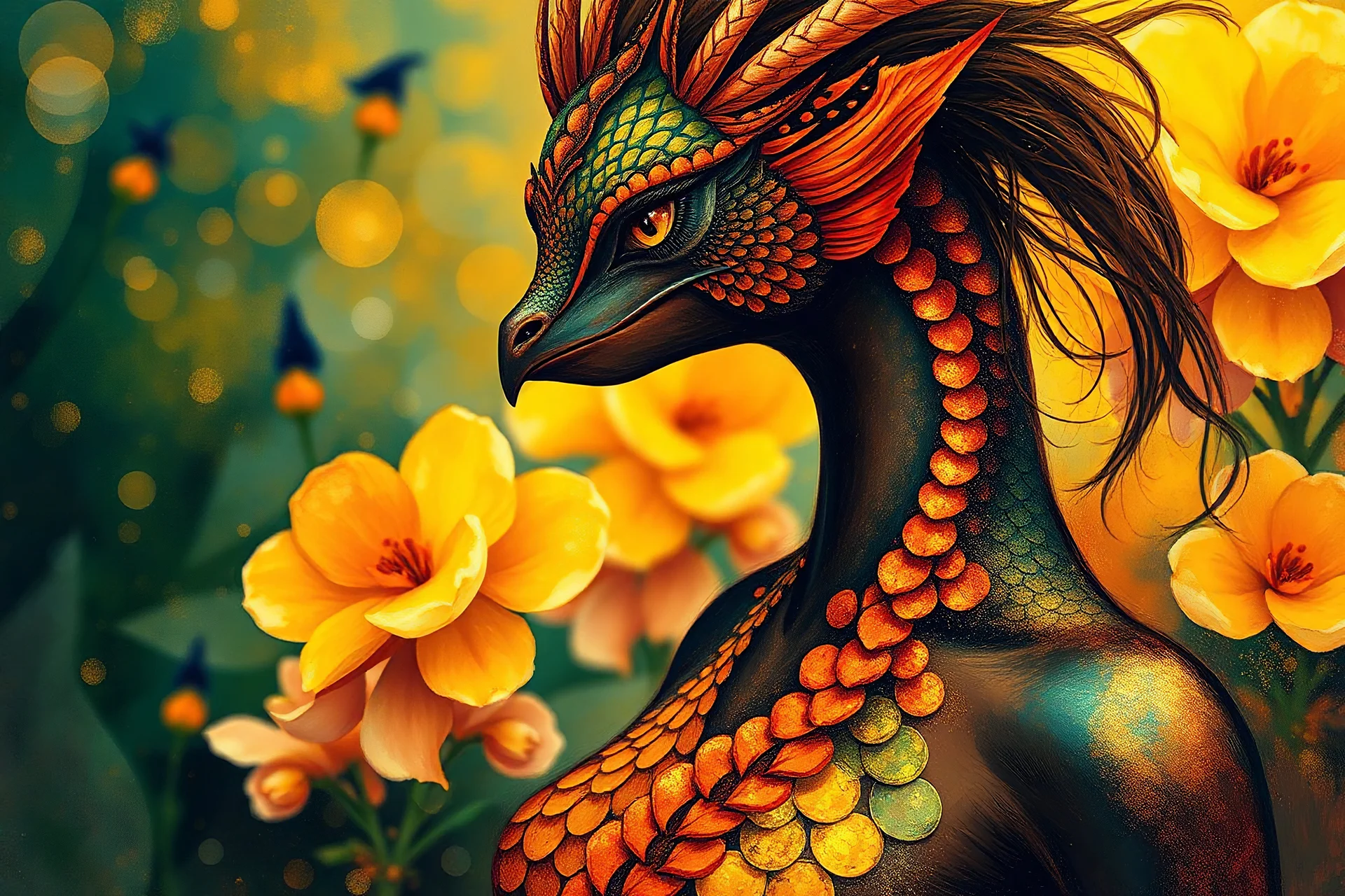 Vibrant abstract expressionism. A beautiful dragon peacock woman with dark brown skin and long hair stands before yellow pink flowers. Fantasy art style. Intricate, swirling patterns of orange and green scales shimmer in the light. Delicate, feathery textures dance across her skin. Dragon beauty. Warm, golden light on vibrant skin, complementary colors, fine details, abstract fauvism, expressive brushstrokes, captivating, stunning, a masterpiece.