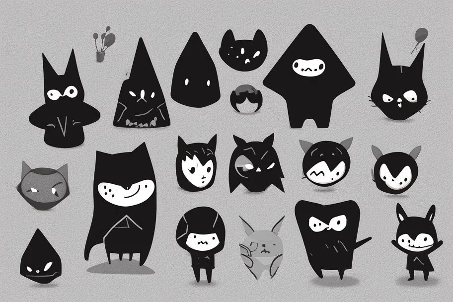 6 simple shaped hand drawn cartoon characters that are cute dark and have hoodies