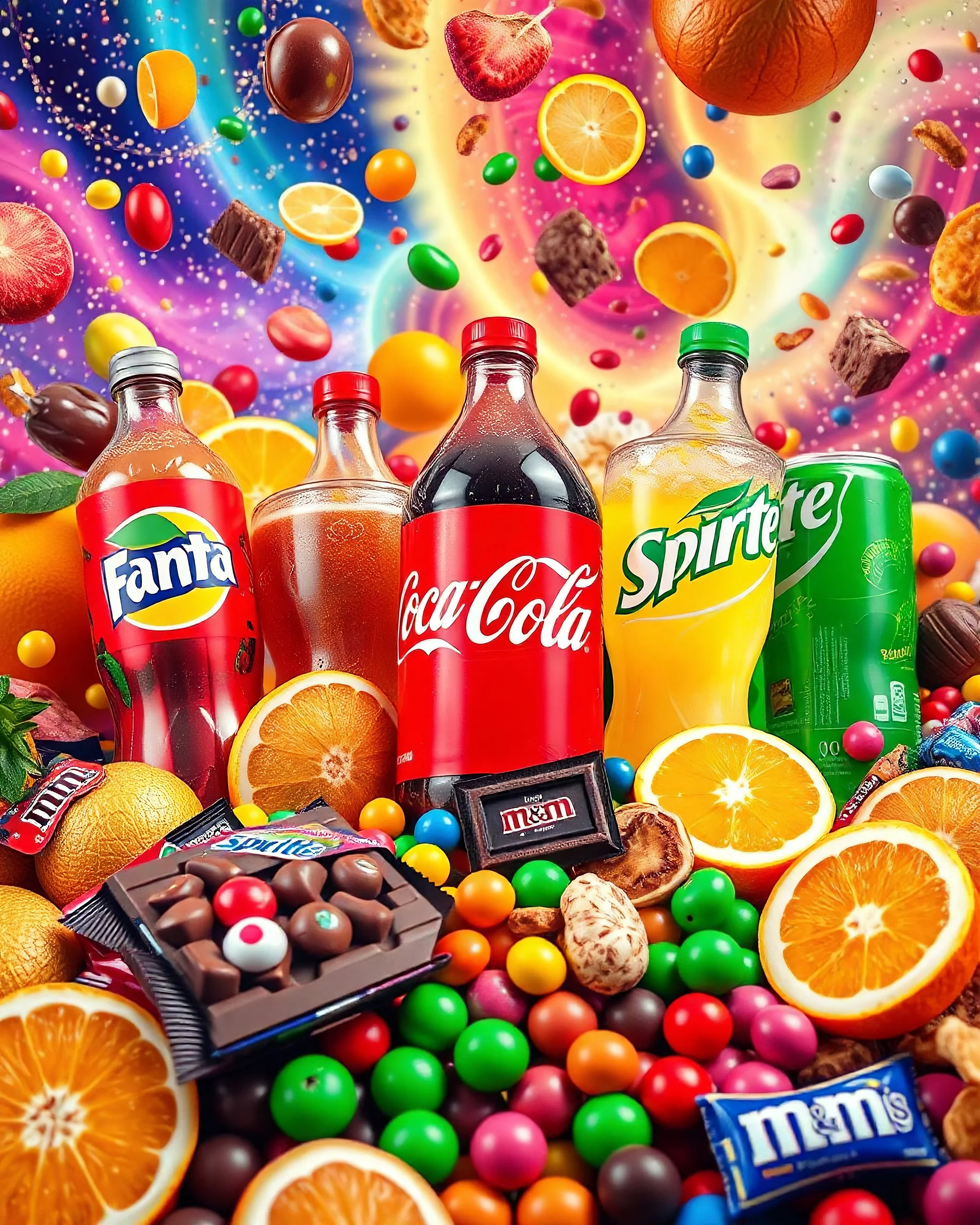 An image filled with Fanta, Coca-Cola, Sprite, chocolate, fruit juices, various fruits, fruit slices, various chocolates from global brands, M&M chocolate, chips, snacks, and chewing gum in a psychedelic, colorful, and eye-catching space.