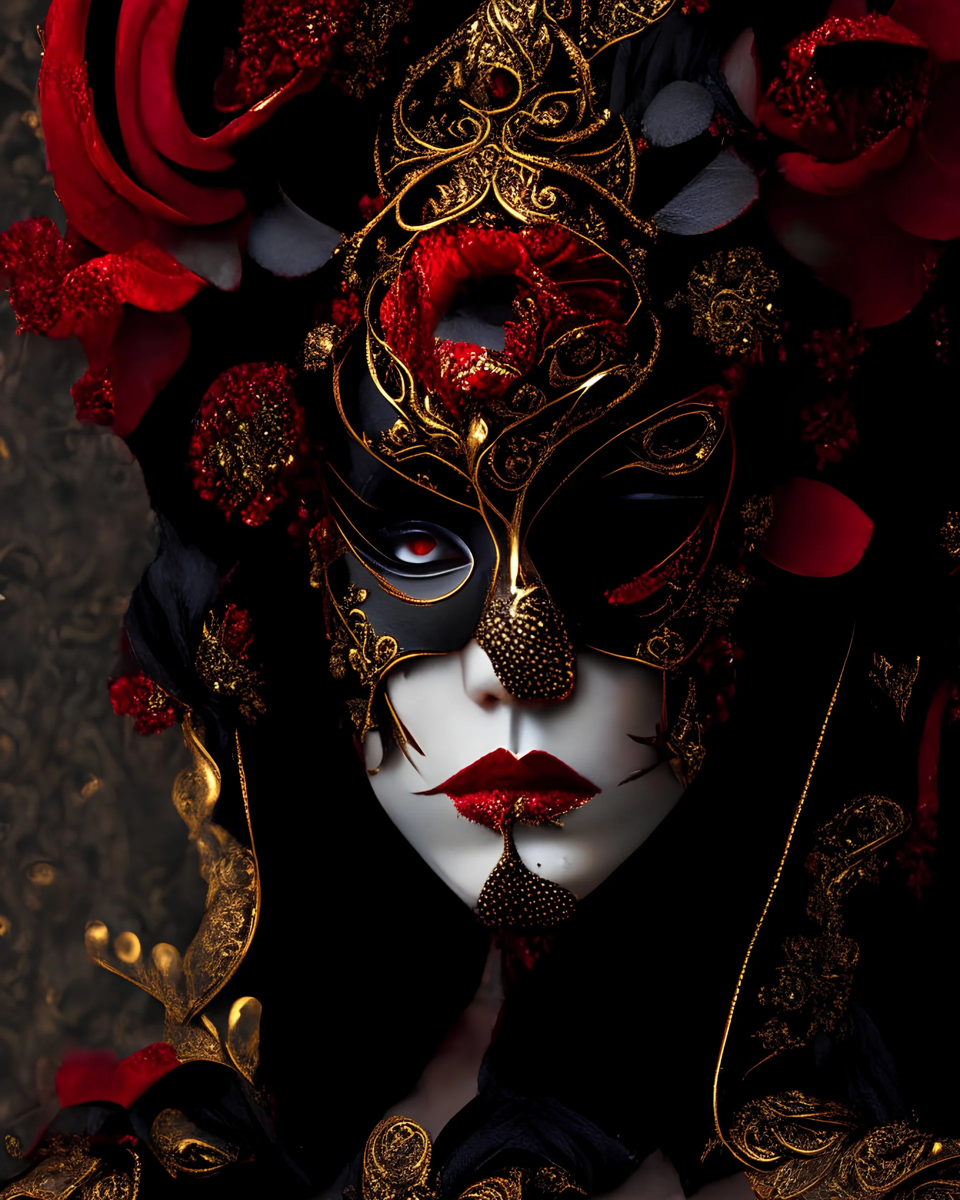 Beautiful young venetian carnival style woman portrait adorned vith voidcore shamanism black camelia flower and ginger red camelia venetian style headress textured botanical Golden filigree floral embossed and black crand ginger red venetian masque and wearing voidcore shamanism textured camelia flower ornated metallic gothica ornated costume armour organic bio spinal ribbed detail of vantablack gothica background extremely detailed hyperrealistic maximálist concept portrait art