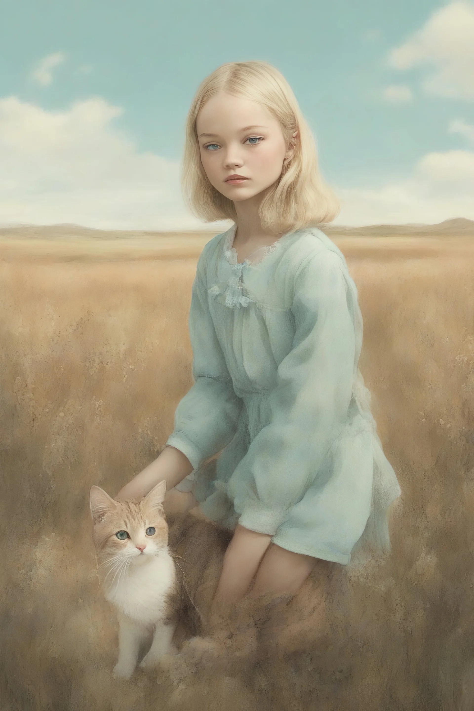 Illustration of model gemma ward as toddler, in a field,, with a cat, ,style of Marcel Marlier, pastel colors