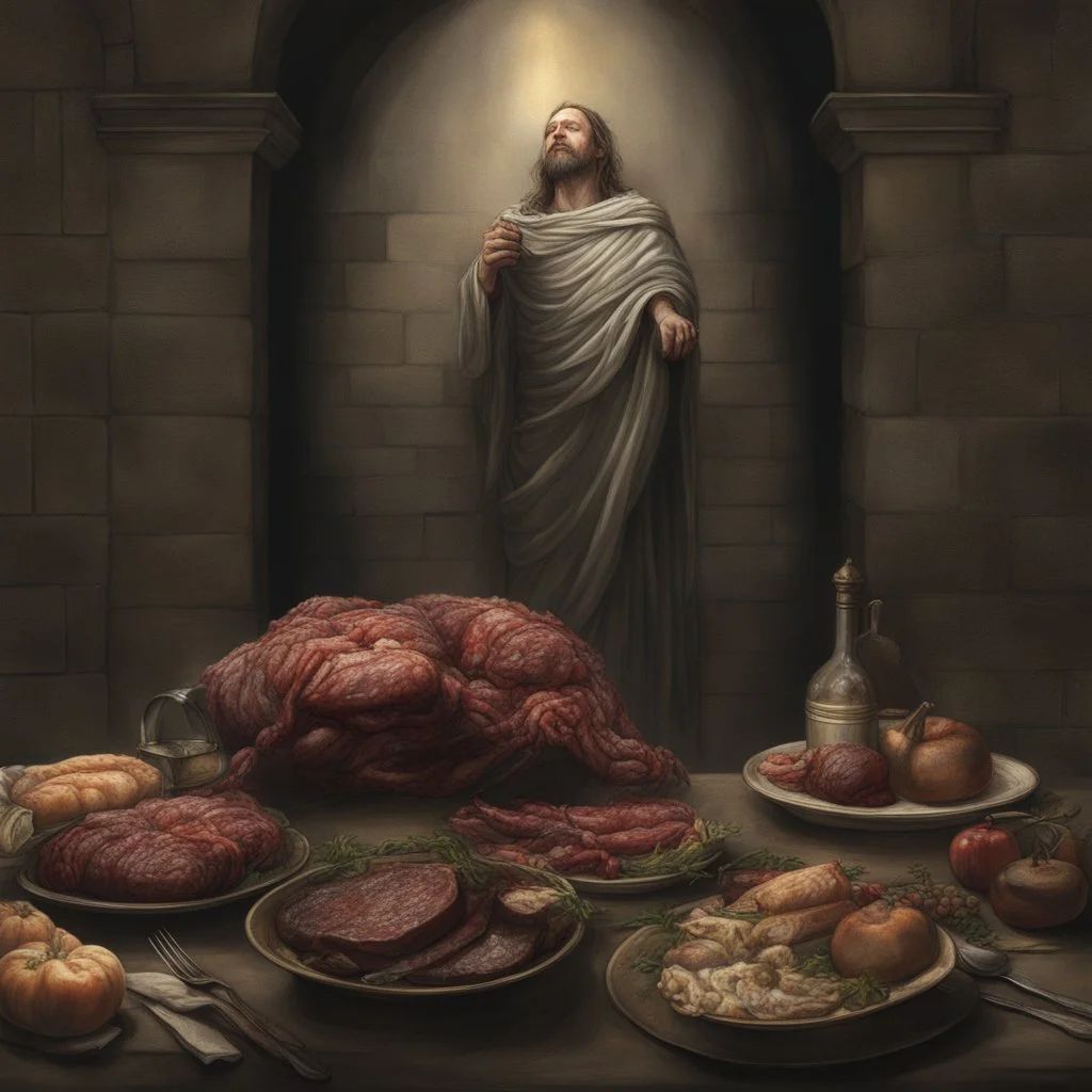 photorealistic a death of a messiah who was meant to feed us with meat food and redempted our dark souls