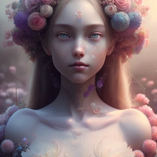  full Closeup face portrait of a girl wearing crown of flowers, smooth soft skin, big dreamy eyes, beautiful intricate colored hair, symmetrical, anime wide eyes, soft lighting, detailed face, by makoto shinkai, stanley artgerm lau, wlop, rossdraws, concept art, digital painting, looking into camera