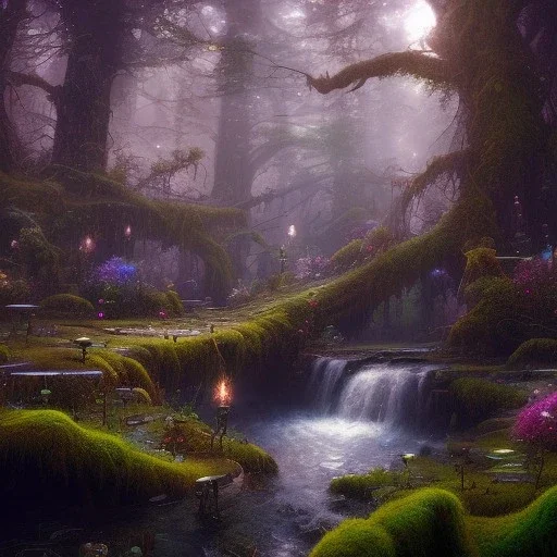 fantasy concept art, dynamic lighting, Intricately detailed, Splash screen art, deep color, Unreal Engine, volumetric lighting, blue flowers, moss, leather, creek, fantasy forest artwork,