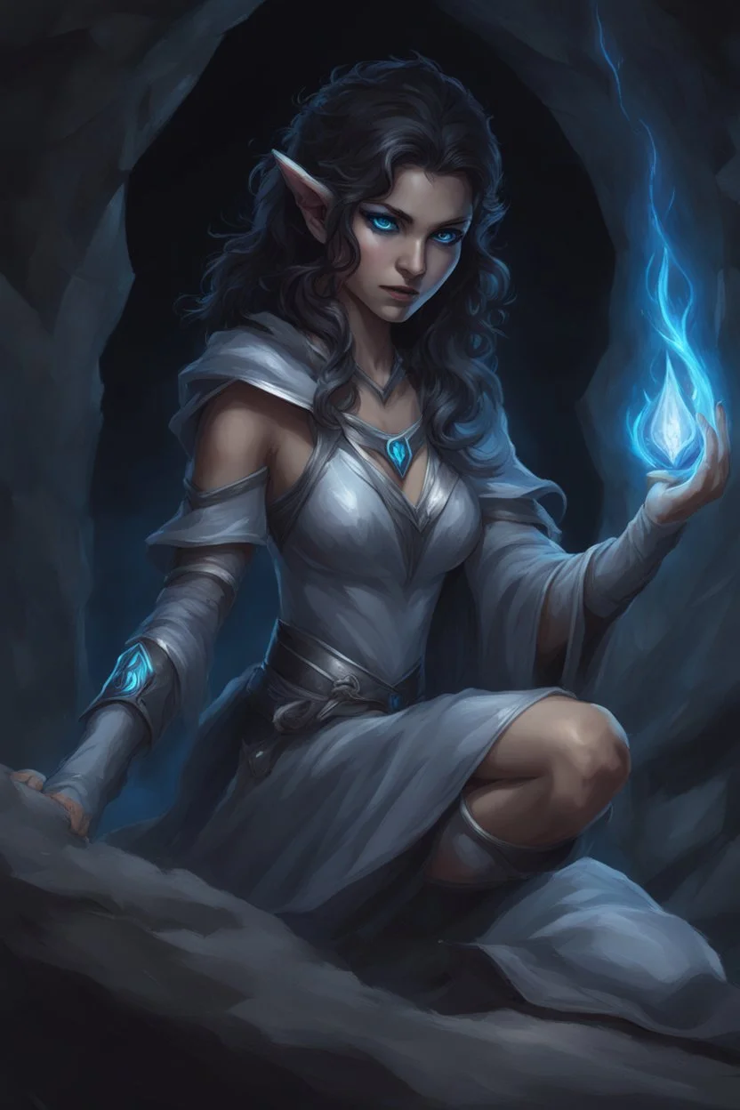 Dnd character on her knees. In a dark cave. A female Moonelf twilight cleric with black, curly, short hair and blue eyes, wearing gray robes. Etheral, muscular, beautiful.