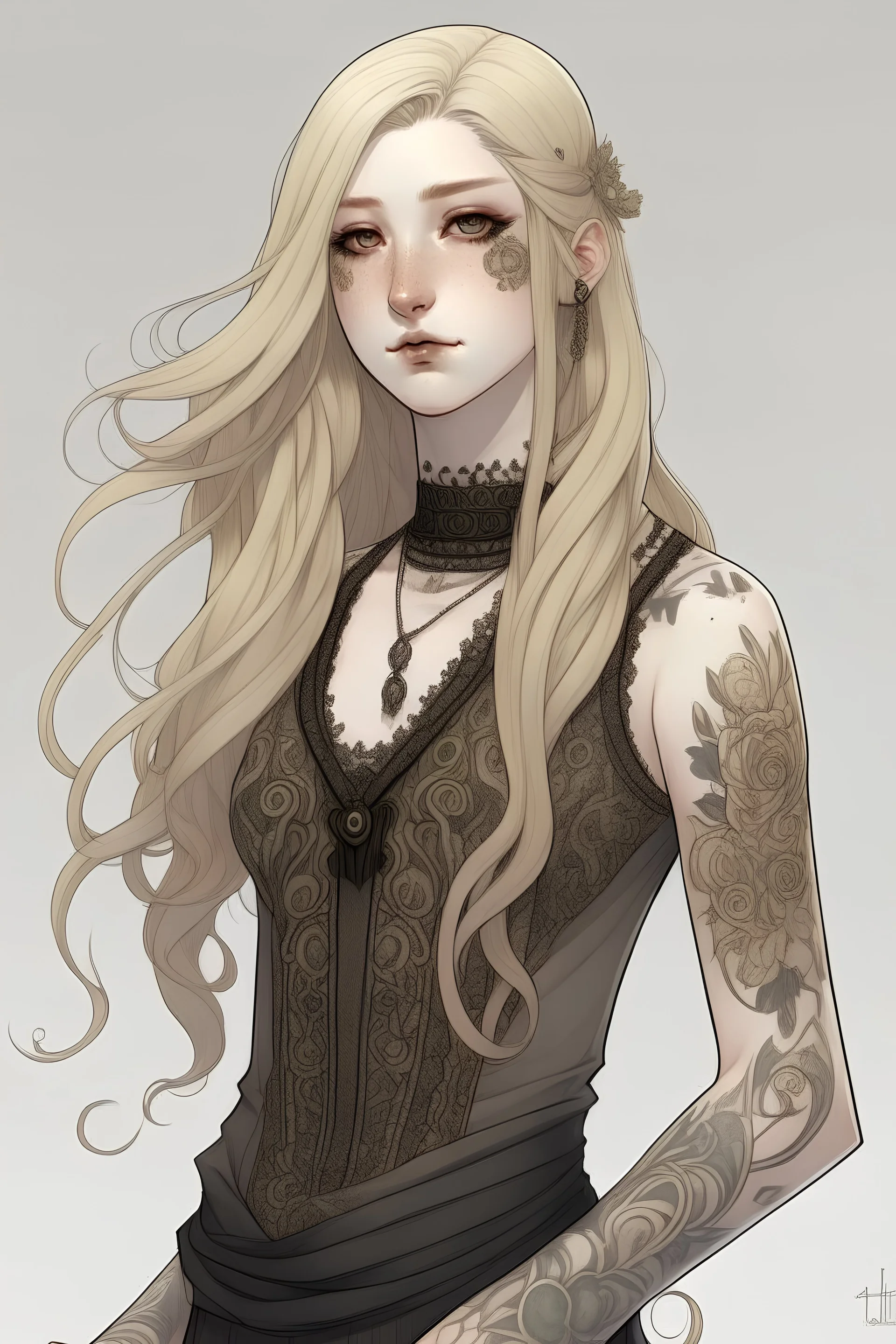 Realistic brutalist anime style. Your skin is light in complexion and porcelain in tone covered in tattoos and piercings. Your body is lean, with little muscle, but not too thin. Your long hair is ash blond and the texture is wavy. You are wearing a long sleeved dress with an elegant bodice that stops at your ankles with thick stockings and leather knee-high boots.