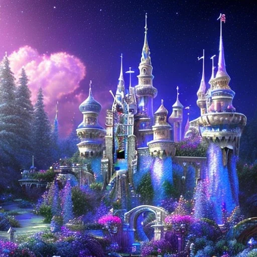 un grand château subtil en cristal violet bleu dans une ambiance galactique avec une belle fée, pétales transparents, couleurs délicates, bin le premier plan, plein de détails, ambiance lumineuse douce et douce, effet de lumière, vaporwave coloré, art conceptuel, lisse, extrêmement net, photo complète du corps, chef-d'œuvre, meilleure qualité, peau bleue, yeux étincelants, peau fluorescente, yeux bleus, maquillage étincelant, longs cheveux blonds, style féerique, corps très détai