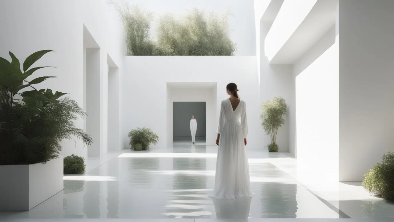 Woman in the foreground dressed in white in a bright white minimalist interior courtyard where the murmur of water whispers and the shadows of some leaves of nearby plants sway