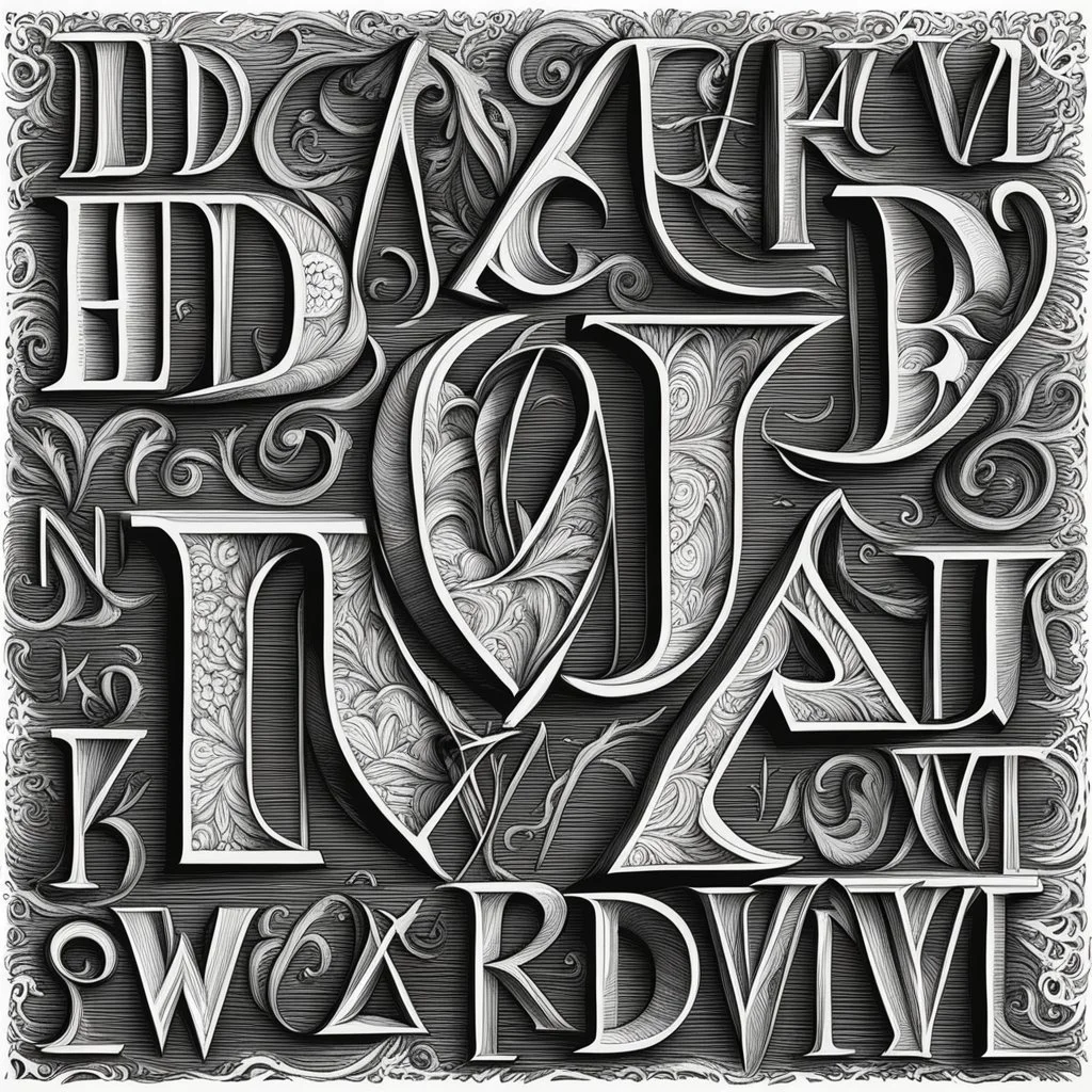 [art in Hedcut style] carved font alphabet