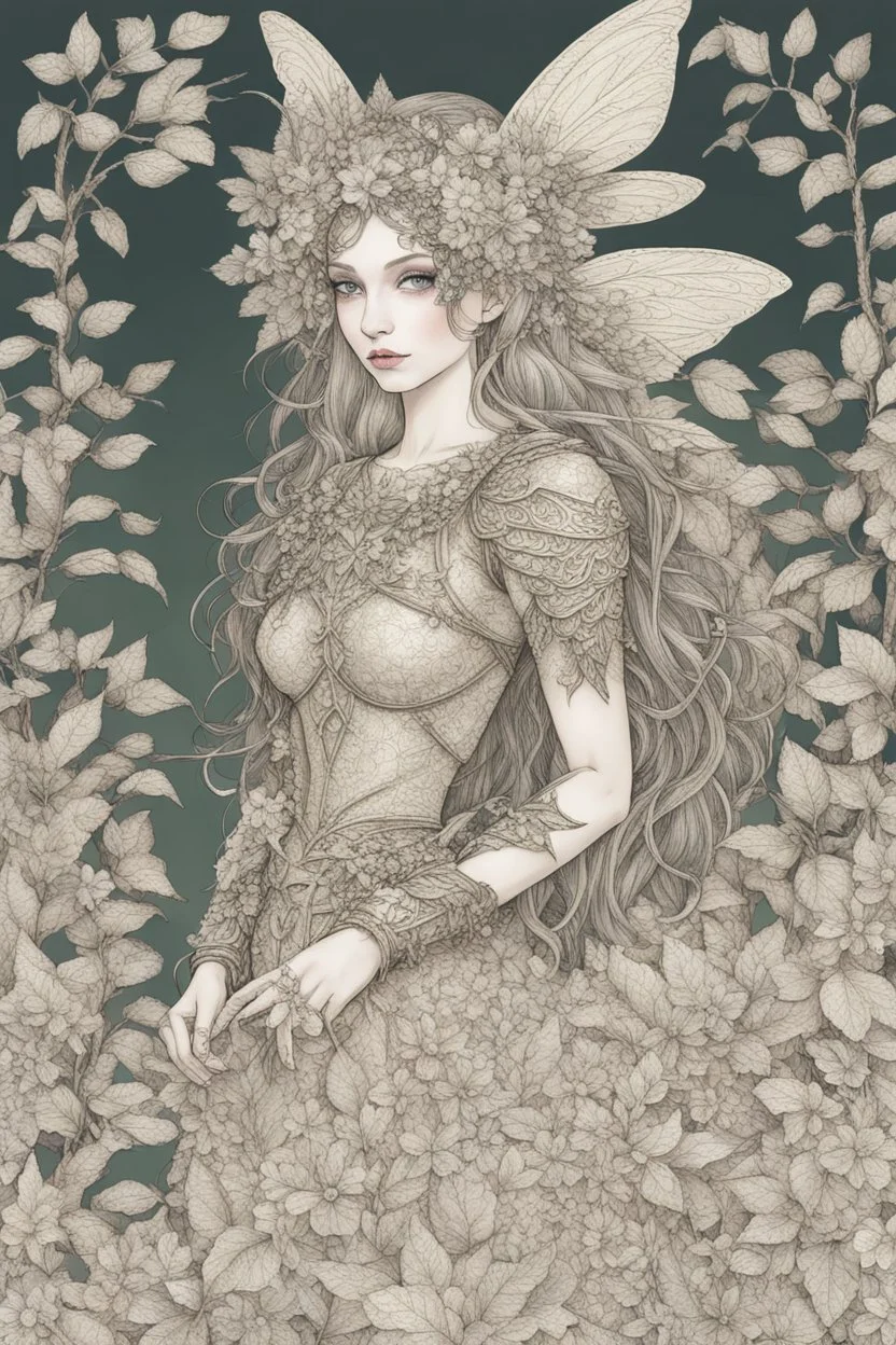 Forest fairy with textured leaves and floral armour