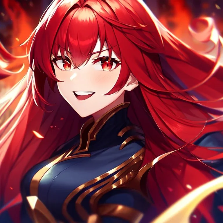 girl, masterpiece, best quality, volumetric lighting, detailed outfit, perfect eyes, long hair, red hair, red eyes, laughing, angry, kung fu,