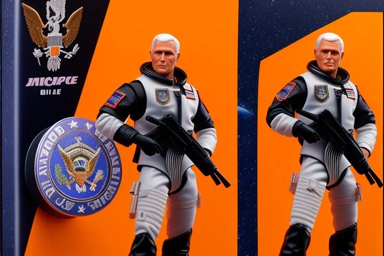 Mike Pence G.I. Joe toy Doll With a gun and Space force uniform inside blister packaging hanging on a Wallrack in toystore, fluorescent orange, wide angle shot whole body, black boots, laser, pricetag, fullsize