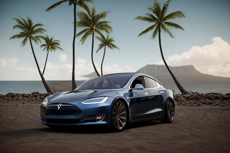 A Tesla 'Model 3' is parked, at the beach of Waikiki in Hawaii. CINEMATIC. WIDE ANGLE LENS. PHOTO REAL.