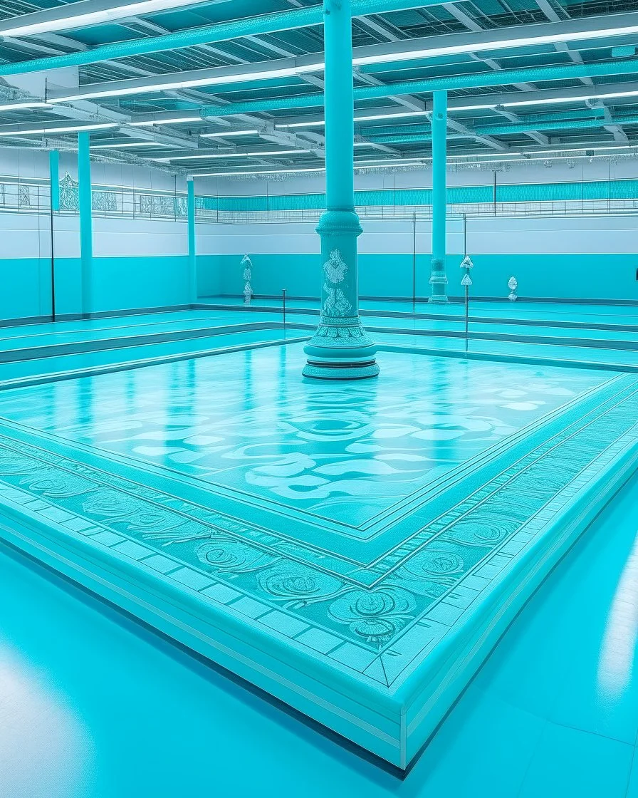 A cyan color figure skating rink designed in German folk art