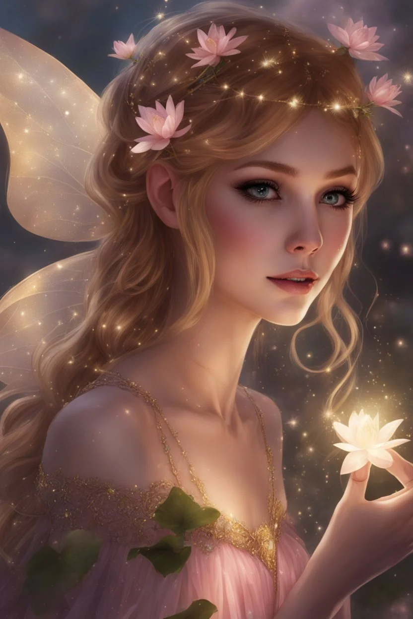 Blonde hair ,Pink dress,Sparkling fairy wings,Very long golden hair,Fairy crown,pointed ears,elven ears,fairy wings,water lilies,sparkling,glittering,flowers,blossoms,golden crown,light pink dress