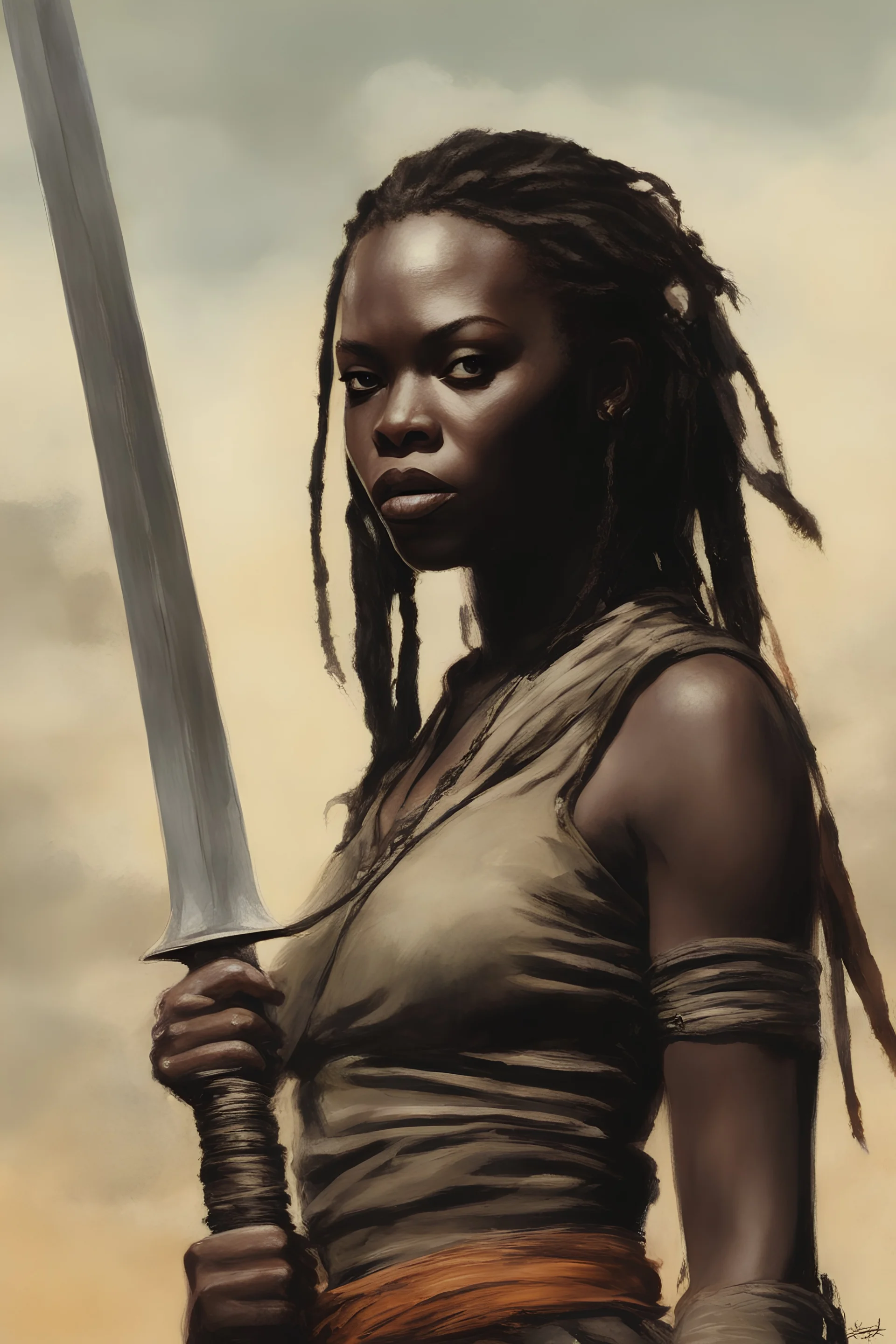 Danai Gurira as "Michonne" movie poster (the walking dead) in the art style of Frank Frazetta