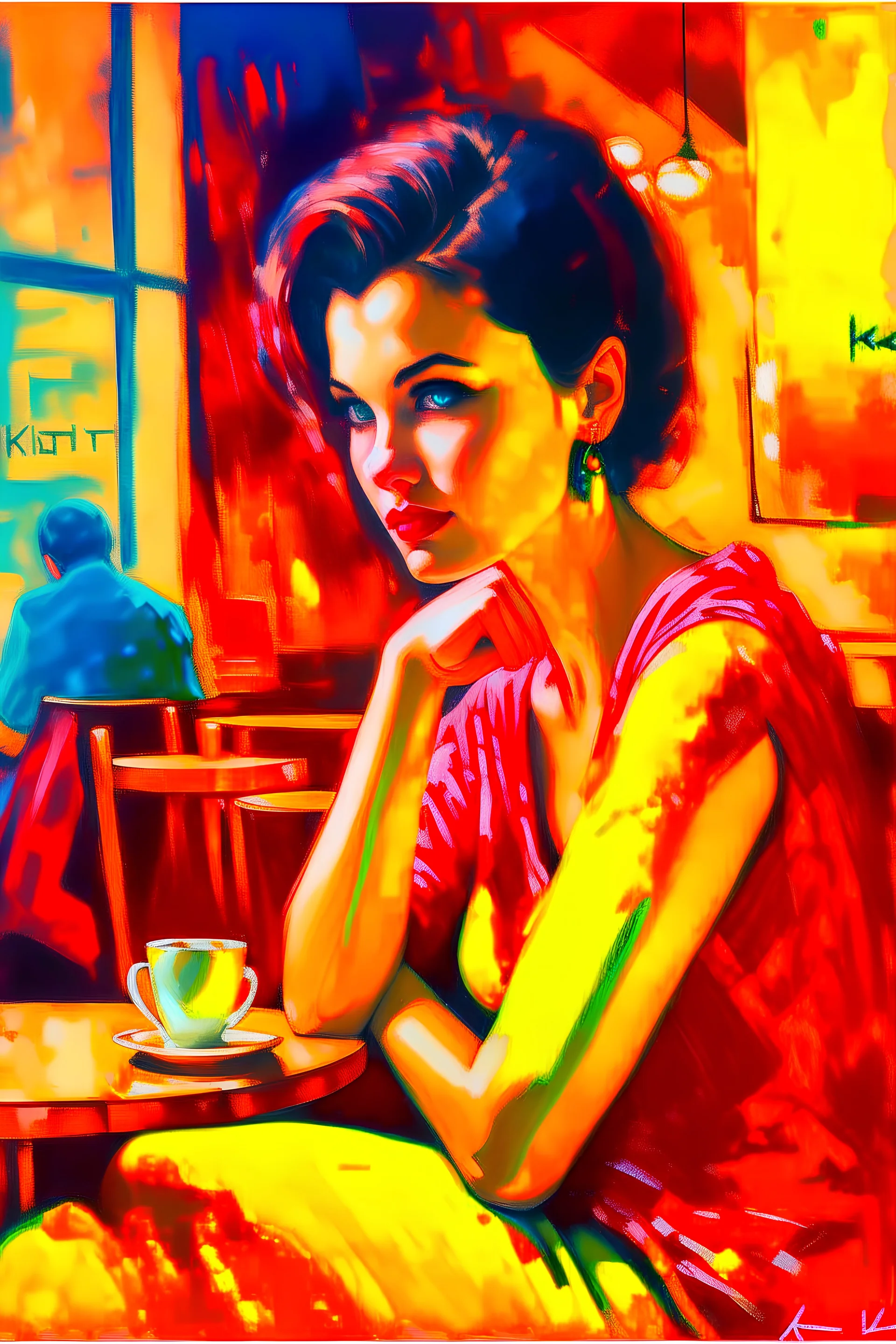 Milt kobayashy oil painting of beautiful woman in cafe