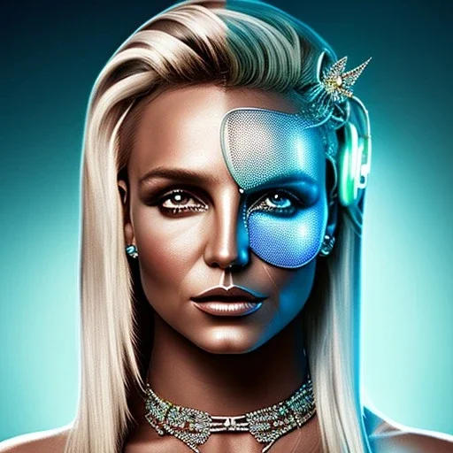 britney spears, Cyborg queen, light blonde hair, pixie hairstyle, cobalt eyes, waist up portrait, 8k resolution, intricate details, ornate details, soft lighting, vibrant colors, masterpiece, intricate eyeliner, dark eyeshadow, eyes, intricate tattoos, gradient background