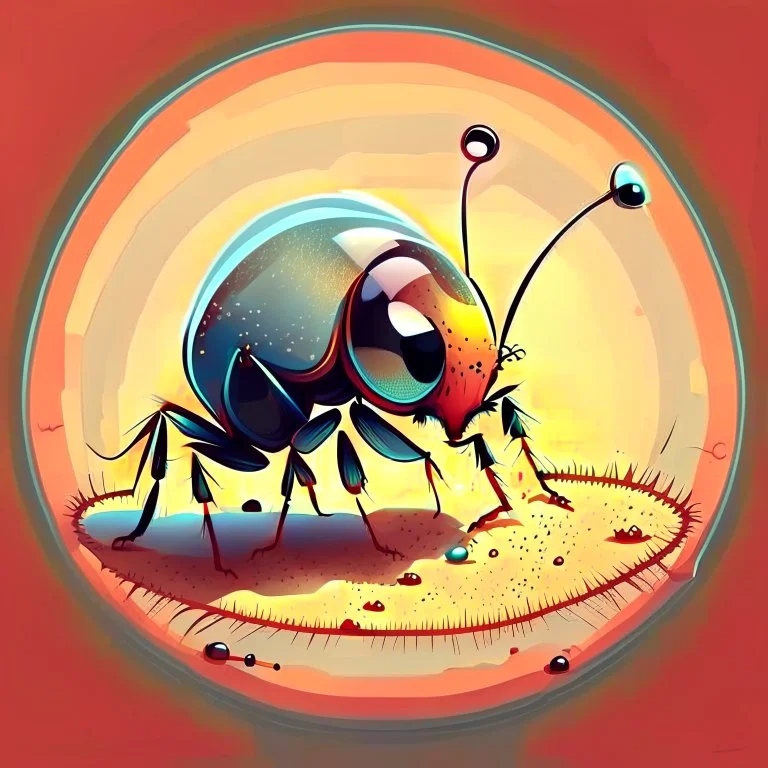 an ant under magnification, cute ,vector art, paiting