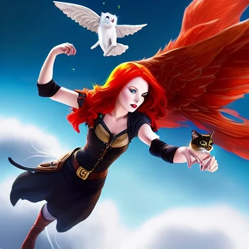 Red headed witch girl and her cat animal companion flying, beautiful, cute, 8k, unreal engine 5, mischievous, artgerm, art design by Raymond Swanland
