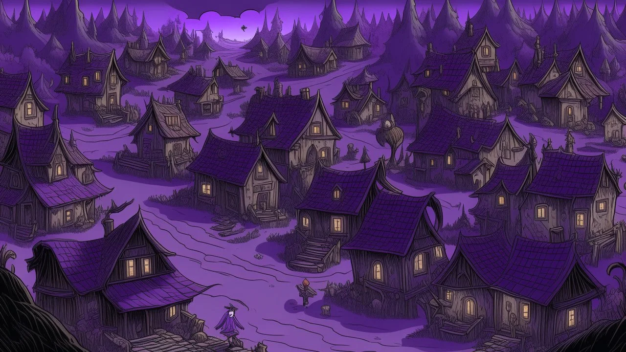 A purple spooky village designed in Bayeux tapestry painted by Giovanni Battista Sassi