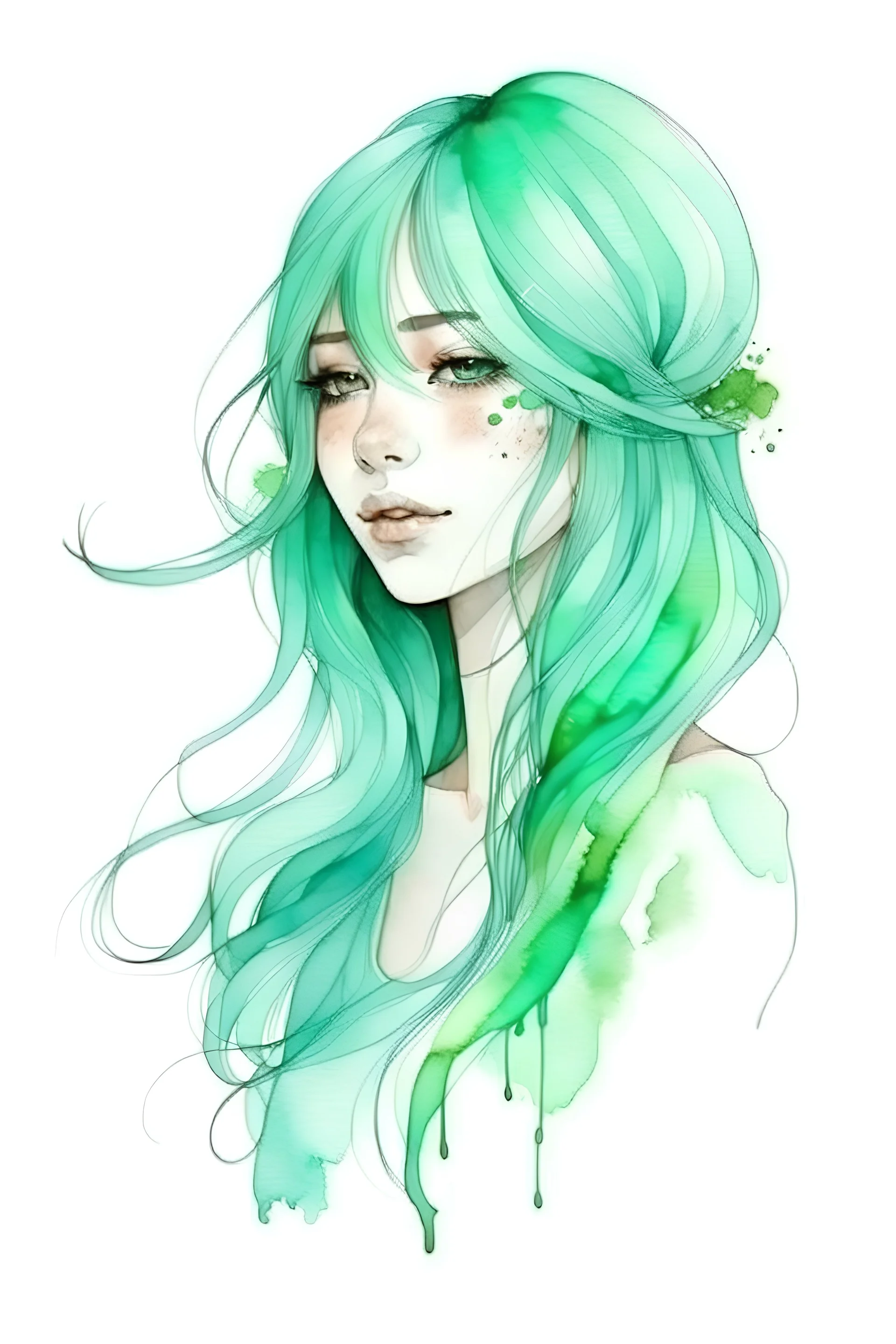 Watercolor long mint fringed hair girl