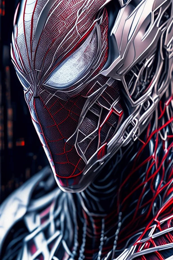 Arte lineal Spiderman cyborg, calidad ultra, hiperdetallado, maximalista, color blanco, increíble obra