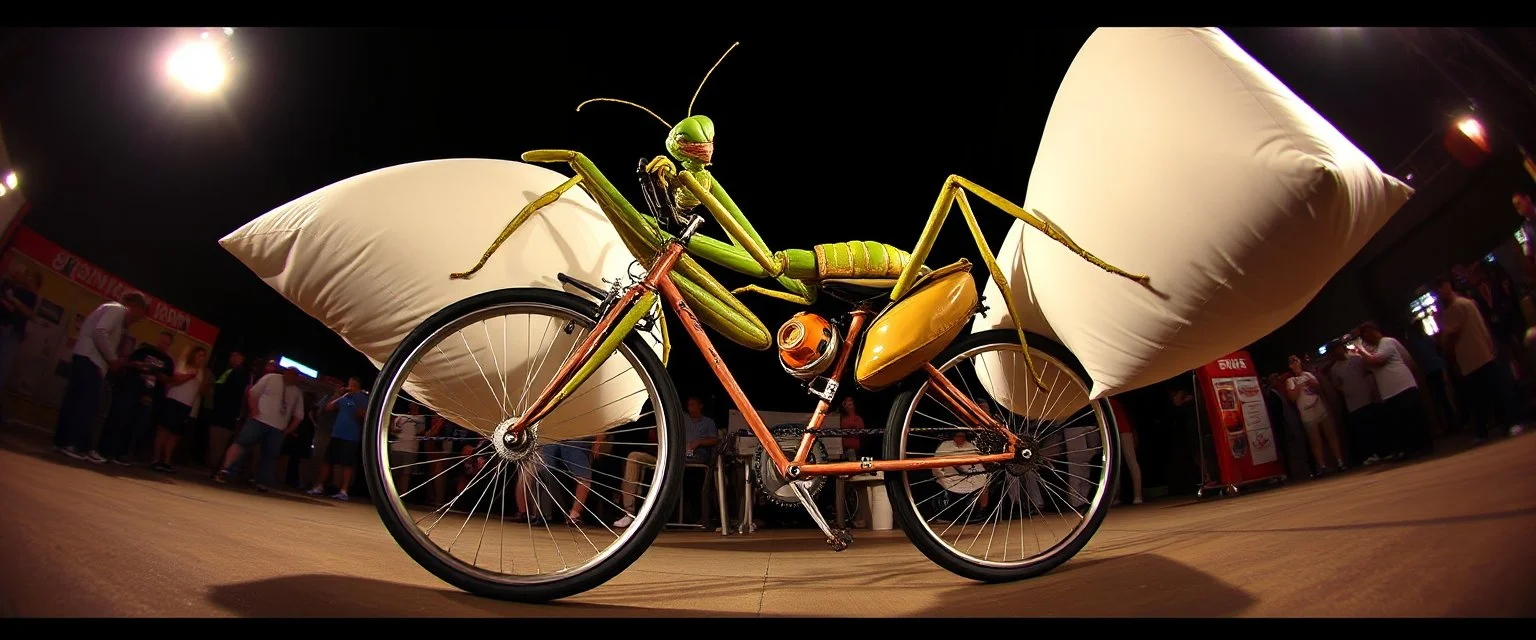 pinhole cam, airbrush 3d rendering,,The Mantis Pillow Fighter 🦗🥊 A bizarre upright bicycle-creature, front wheel replaced by articulated mantis-like arms carrying enormous inflatable pillows, looking far too serious about complying with official pillow-fighting regulations.