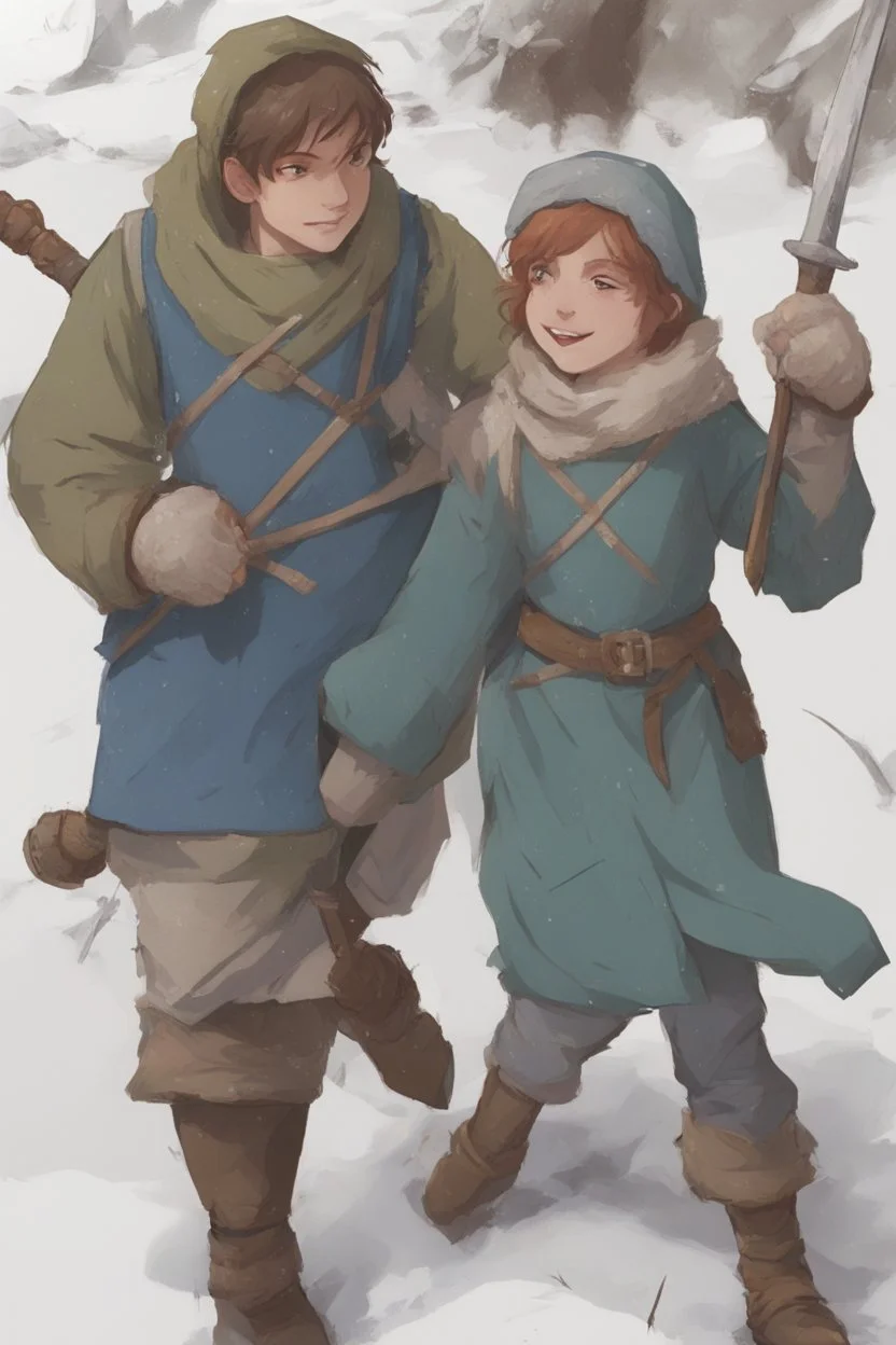 DnD style, two medieval peasant kids playing in the snow, female age 14 and male age 15, happy and playful, he has a short sword.