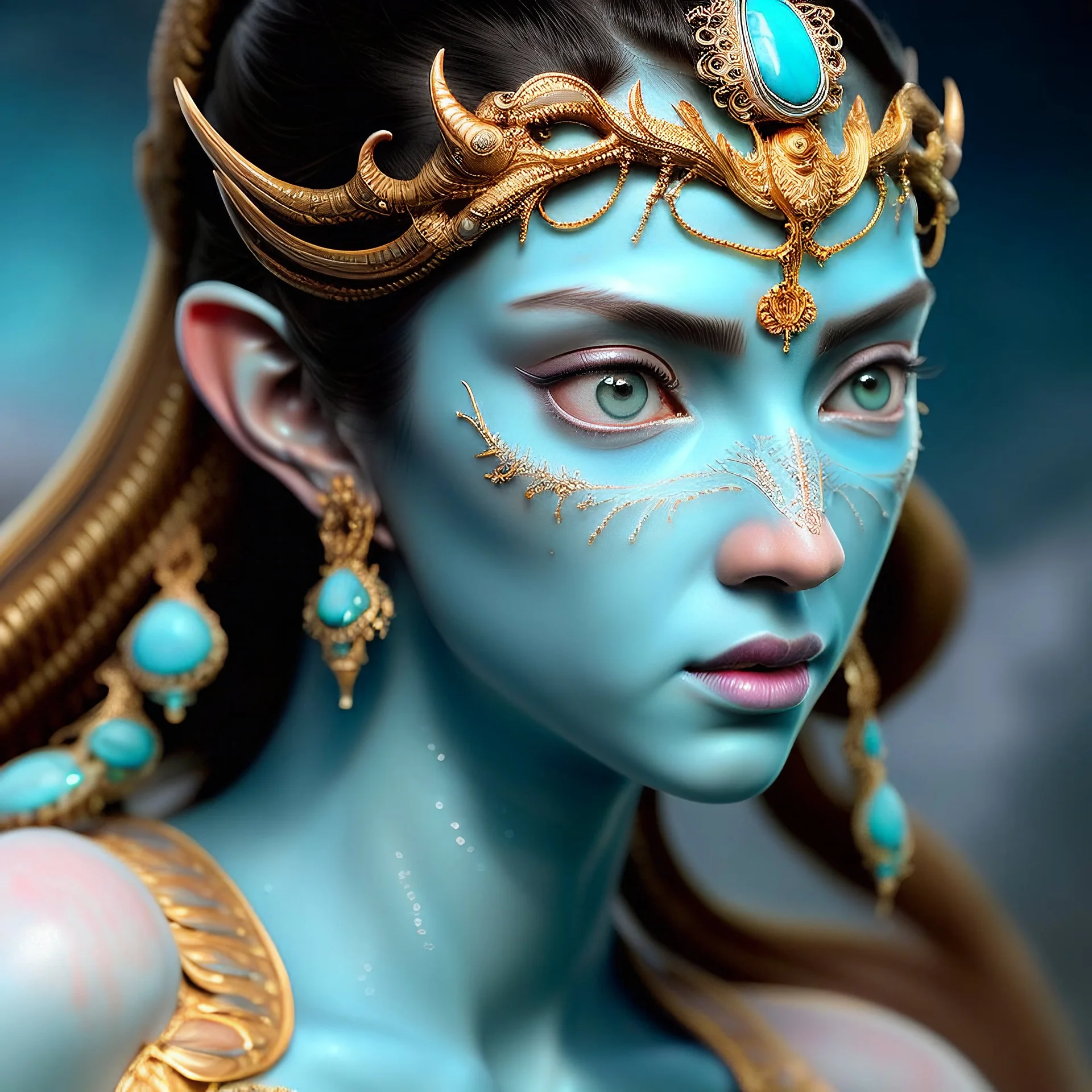 full length face-on view of a muti-colored painting of an insanely detailed photograph of An elaborate beautiful blue turquoise Thailand goddess skin Water glow with laser eyes and bikini and headpiece, intricate, and hyper-detailed painting by Alberto Vargas, Huang Guangjian and Dan Witz CGSociety, ZBrush Central fantasy calendar art 8K 64 megapixels 8K resolution HDR, shiny, space, colours