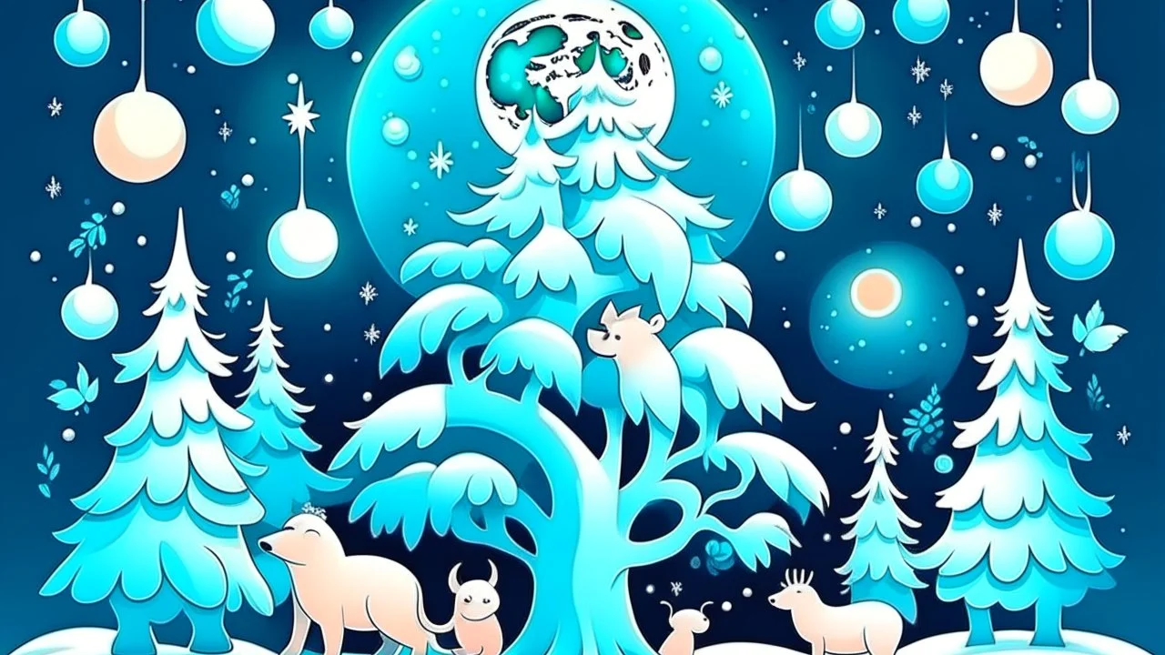 fantasy cartoon illustration: The Arctic animals beneath a full moon are decorating a Christmas tree