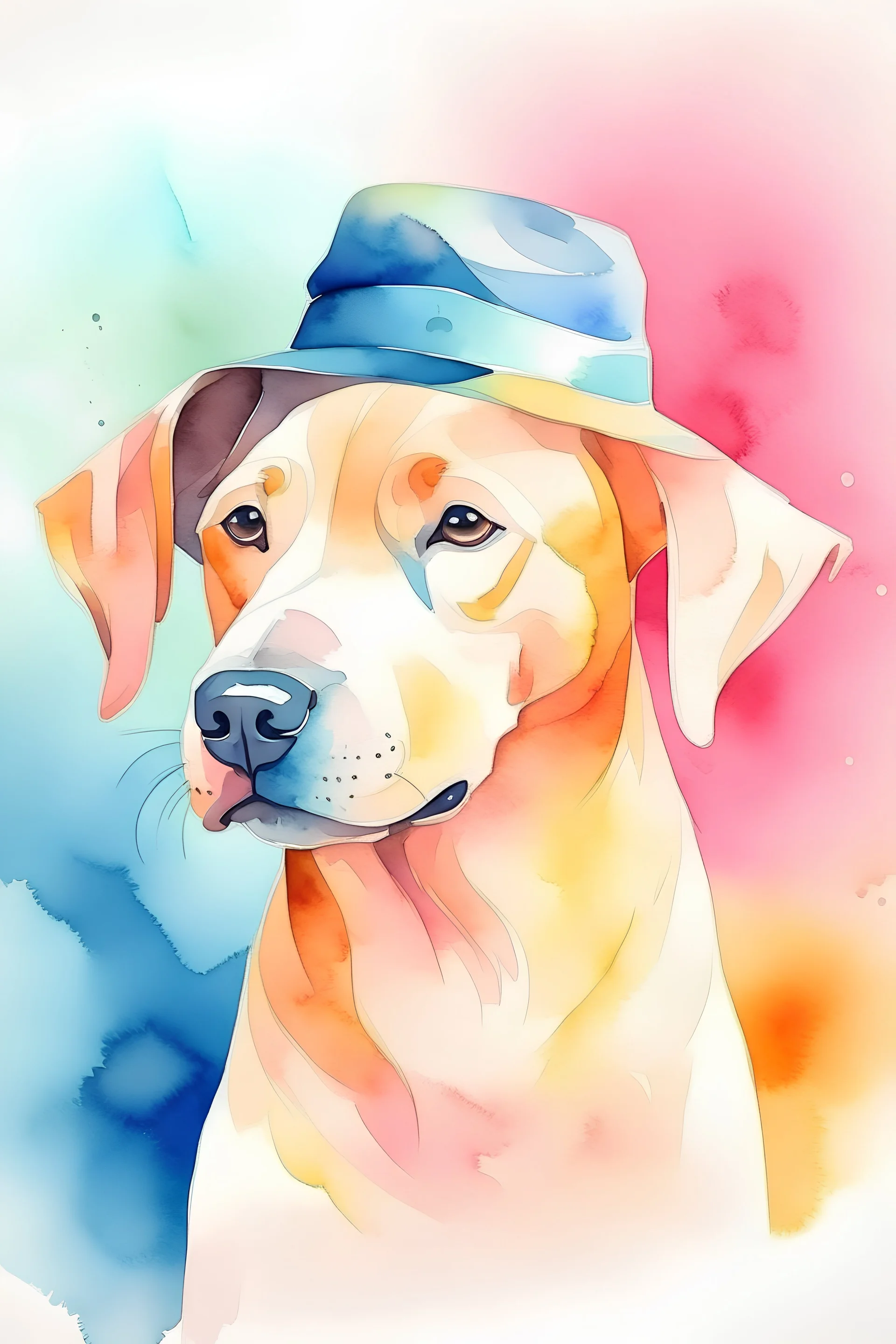 Create an watercolor image of a dog wearing hat with a simplistic and abstract style. The dog should have exaggerated features, with minimal details and soft color tones. The background should be plain to highlight the dog’s shape and form.