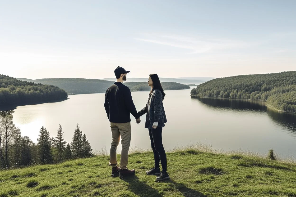 An image of two people exchanging criticism in a constructive and respectful manner, standing on a hill with a lake behind them