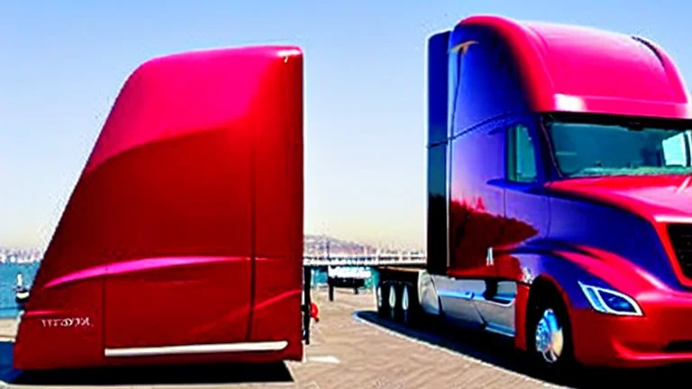 A Tesla semi-truck is parked, over the 'Pier 39', in San Francisco. CINEMATIC. WIDE ANGLE LENS.