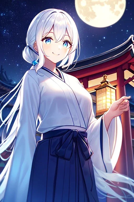 girl, masterpiece, best quality, cinematic lighting, detailed outfit, vibrant colors, perfect eyes, white hair, blue eyes, long hair, low ponytail, hakama, shrine, smile, looking down, night sky, starry sky, full moon,