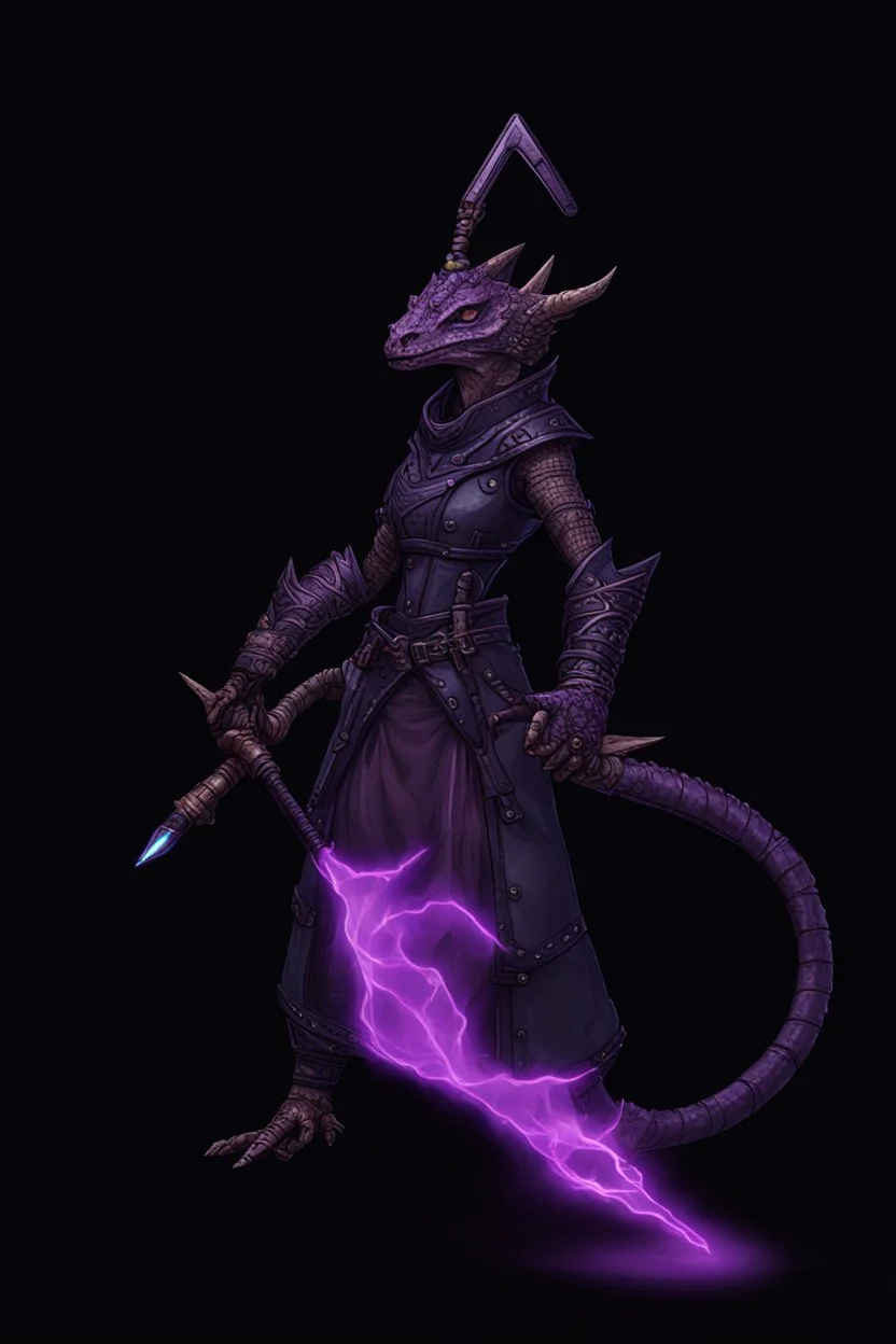 a black and purple, female argonian artificer who uses Tesla coils as weapons, skinny, lightly armored