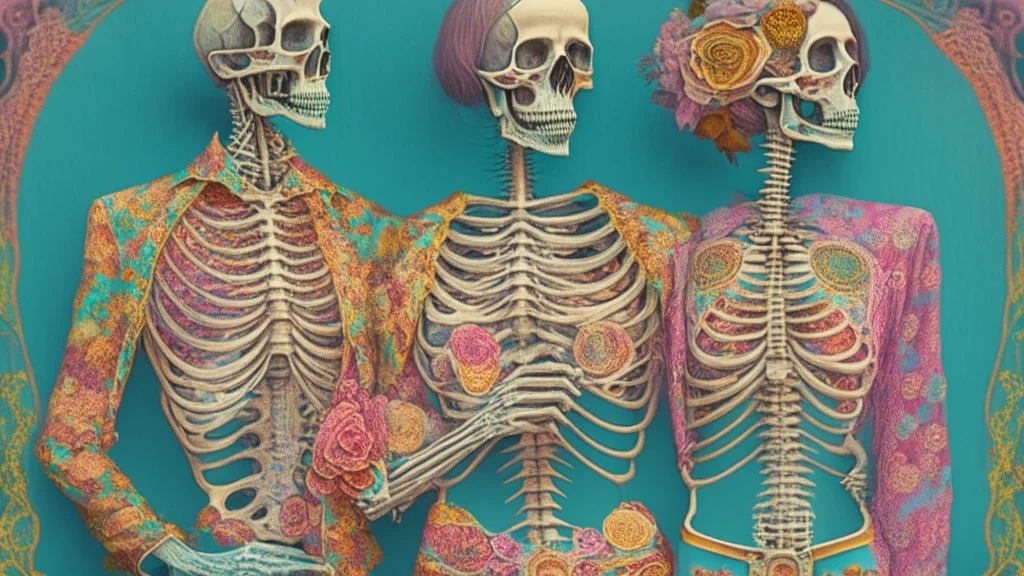 Famous partially Skeletonized Couple Posing together wearing vintage 1960's hippie clothes; neo-surrealism, Intricately Detailed, Beautiful, Colorful, award-winning, high definition, ultra-detailed, beautiful, rose tones