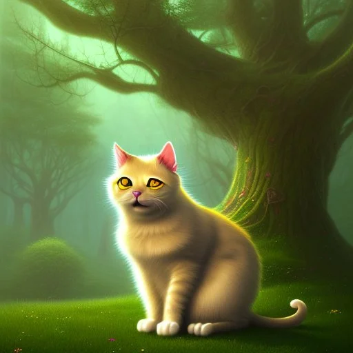 Drawing of a yellow cat sitting in front of a tree, the background is green, storybook illustration by Gediminas Pranckevicius, featured on deviantart, gothic art, magical fairy tale atmosphere, storybook illustration, dark and mysterious