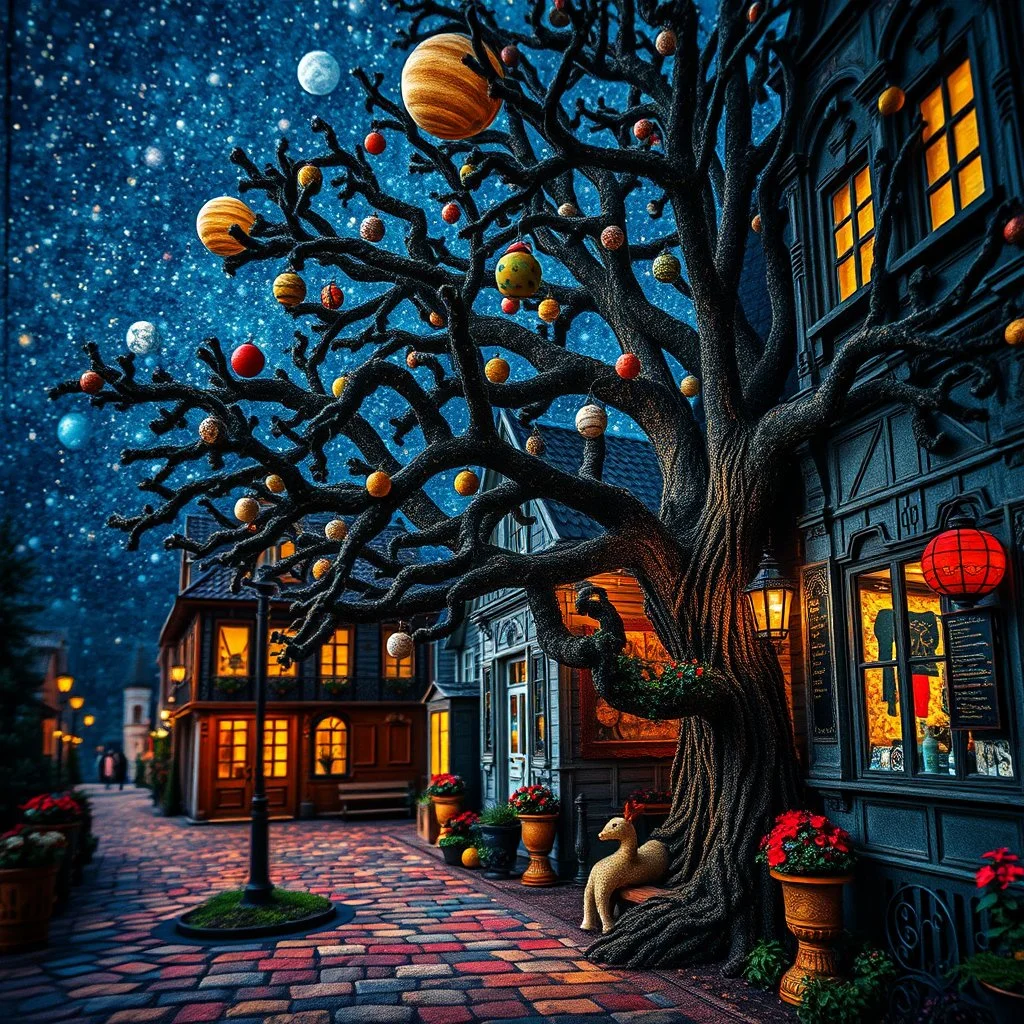 Photograph hasselblad h6d400c --ar 85:128 --v 6.0 of a fairy old bewitched street, tree, made of felt, art, tiltshift, 3d deep field, galaxies and planets, needlepoint, odd, smash, puff, abstract, expressionist style, colorful holiday, Gustav Klimt