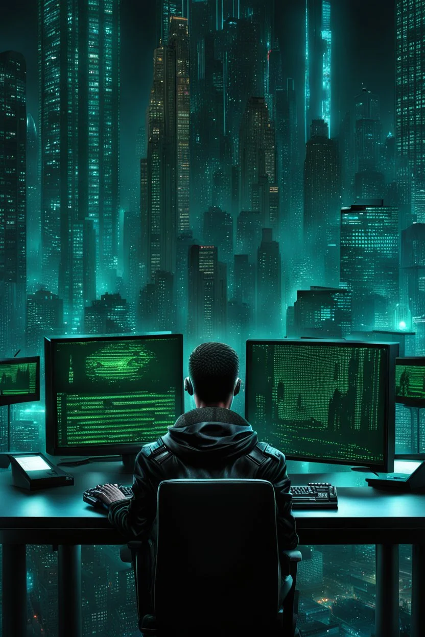 cyberpunk programmer black_Cat_Typing_on_computer_background binary codes, surrounded_by_mindent_3D_binary matrix codes and neutron mesh_etheral, Paranoid_sci-fi_in background_a_tall_cyberpunk_city, the cat hacker watchings monitor, Hyperrealistic texture, high detail, Sinister, cold dynamic lighting, dark-neon colors, Ultra_HD_intense_focus