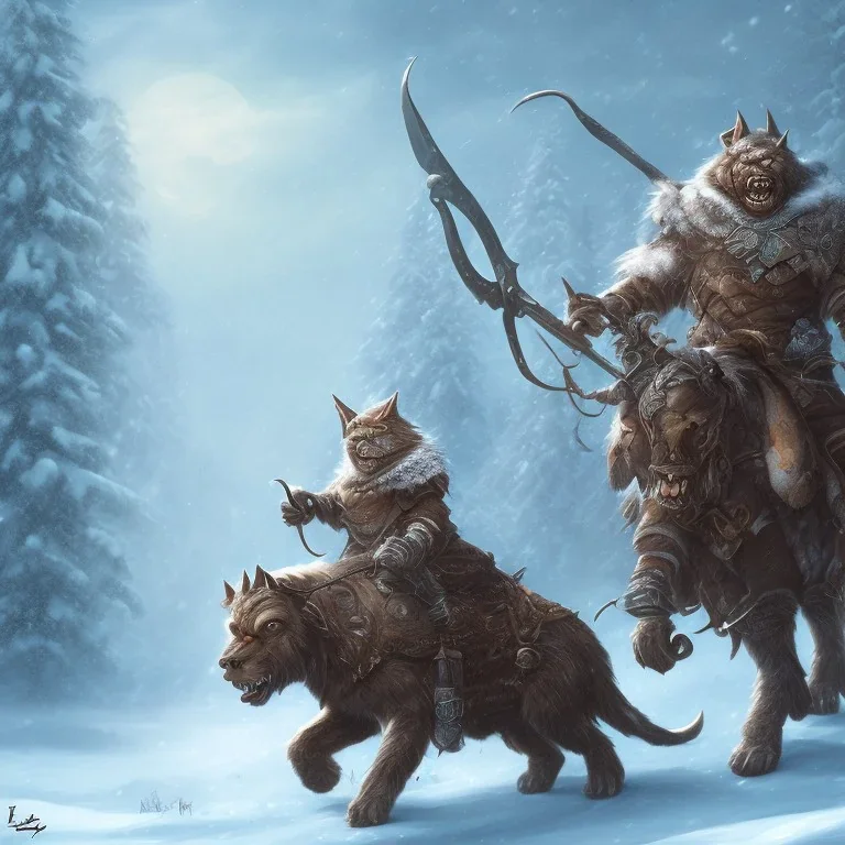 orc riding on a cat in winter landscape