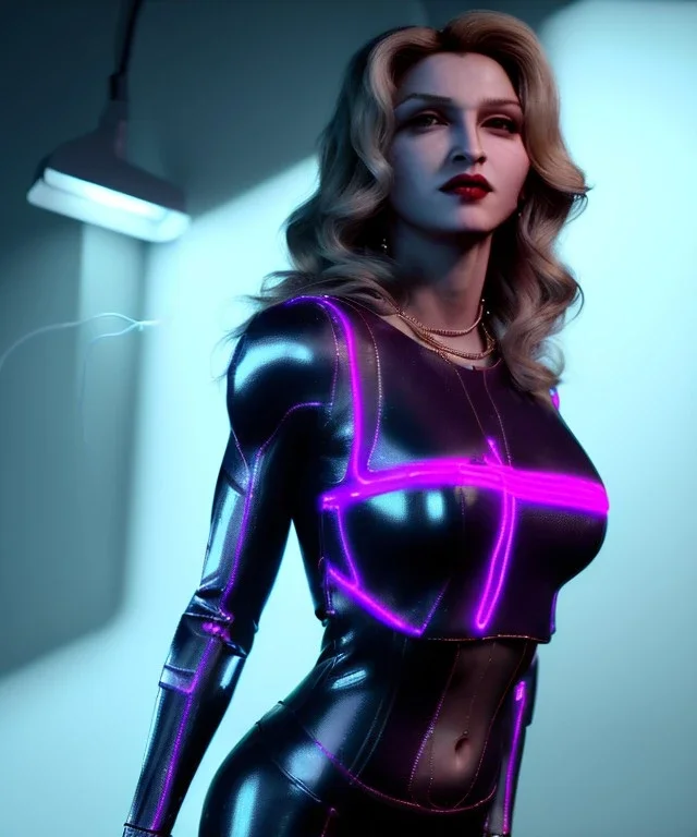 Night, Young Madonna, blonde, long line eye, pretty cyber woman, Led lights, cold ambient, latex, cables, glow, red, gold, piercings, brown, circuits, neon style, fog, rain, vibrant color, highly detailed, art stations, concept art, smooth, unreal engine 5, god rays, ray tracing, RTX, lumen lighting, ultra detail, volumetric lighting, 3d, finely drawn, high definition, high resolution.